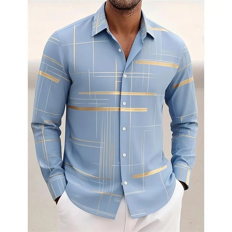 Nova Camisa De Manga Comprida Com Grade Geométrica , Masculina , Curta , Botão Para Baixo , Sem Bolsos , FMVY
