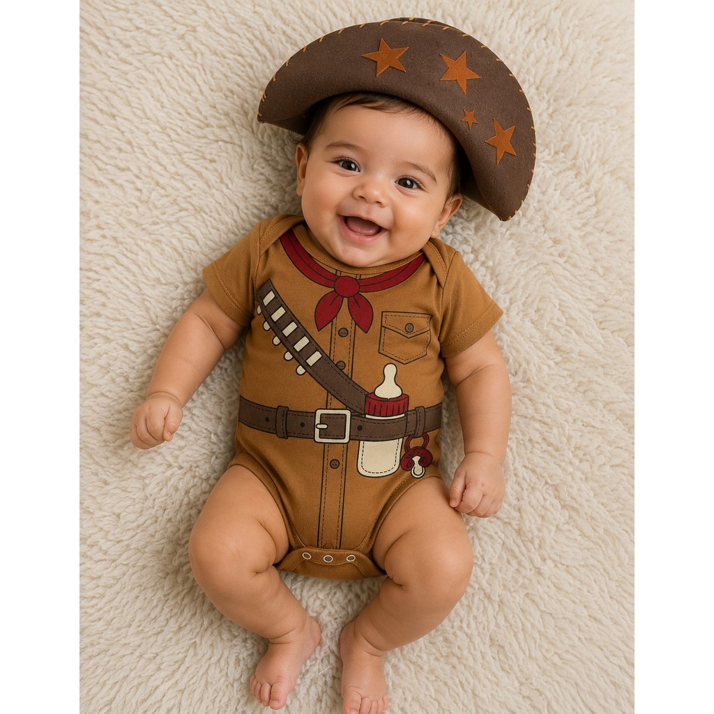 Body Bebê Temático Cangaceiro com Chapéu Marrom | Fantasia Infantil para Festa Junina e Mêsversário