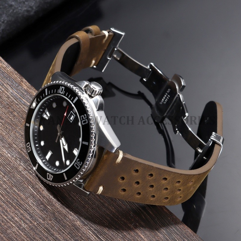 Pulseira De Relógio De Couro Genuíno Poroso 18/19/20/21/22/24mm Respirável Borboleta Fivela Universal Masculina Feminina — imagem 2 de 2