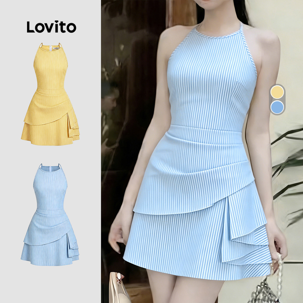 Lovito Casual Nacional Vestido Feminino Assimétrico Babados Primavera/verão Azul Branco para Mulheres LK4ED747