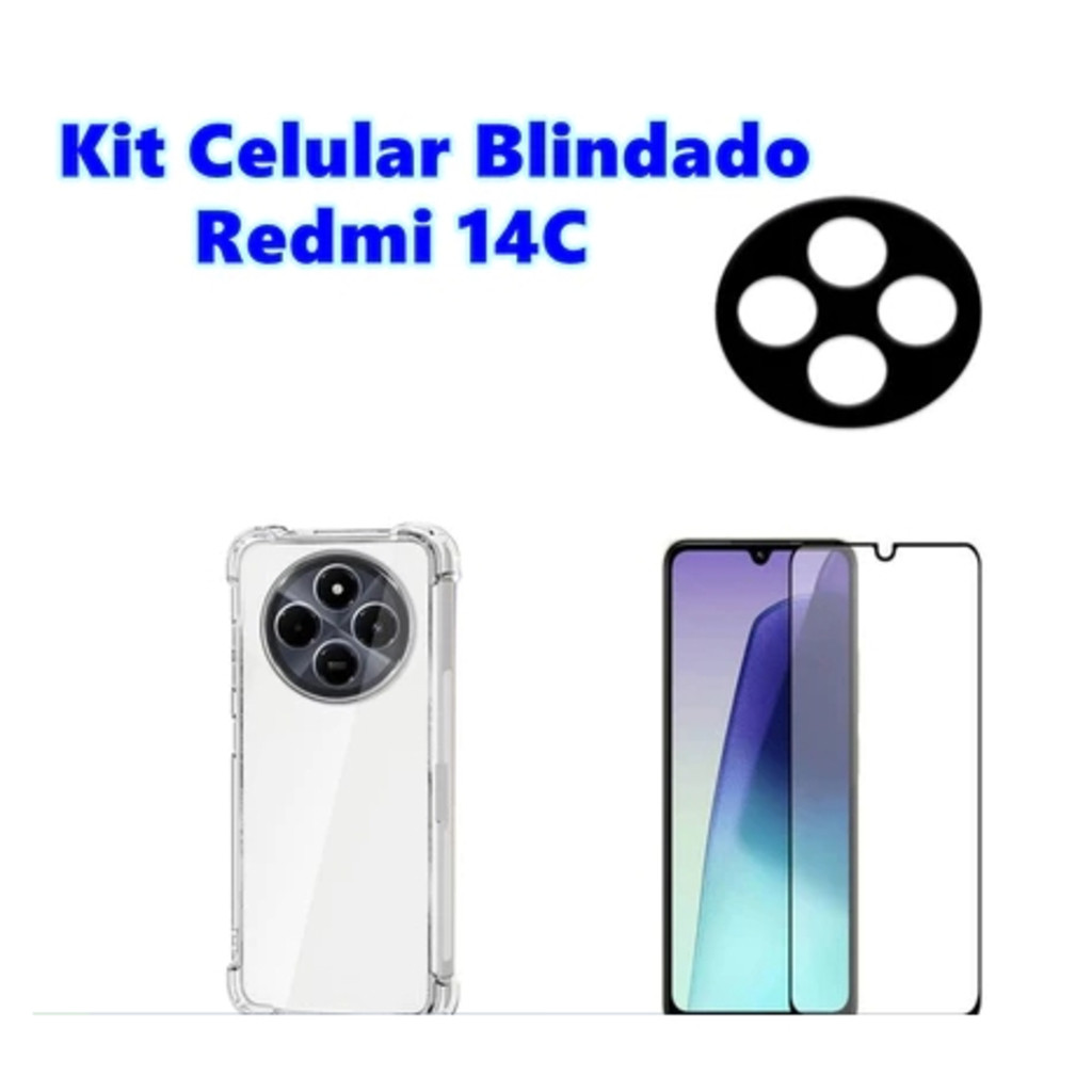 Kit Celular Blindado Redmi 14C Xiaomi Capa Anti Impacto + Película Full Cover 3D + Câmera