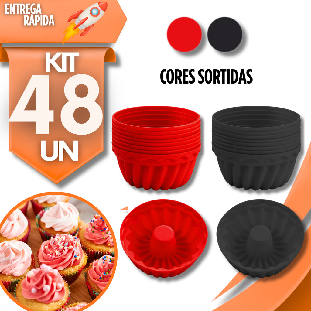 KIT 48/36/24/12 Forma Silicone Cupcake Mini Bolo Muffin Pudim Com Furo Central Cor Sortida Utilidades