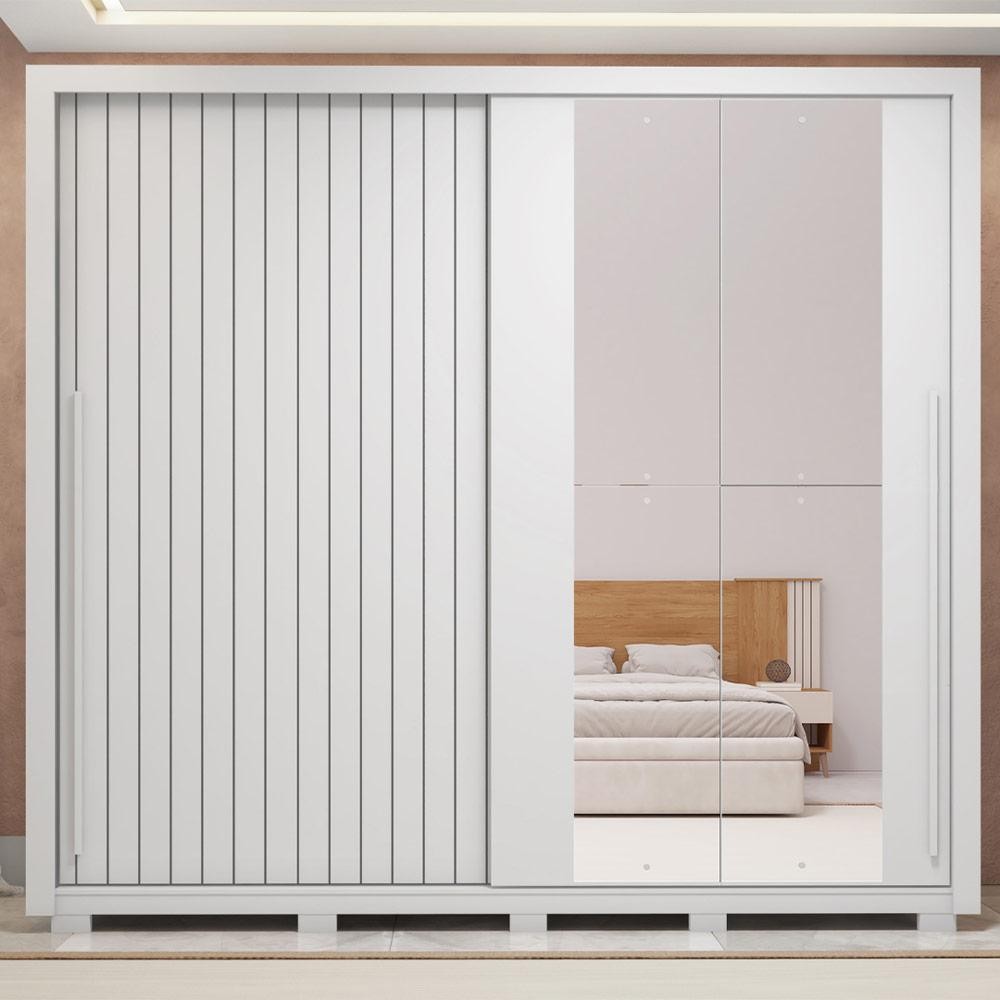 Guarda Roupa Marajó 245cm Ripado 2 Portas de Correr e 4 Gavetas com Espelho MDP Branco G11 Gran Belo