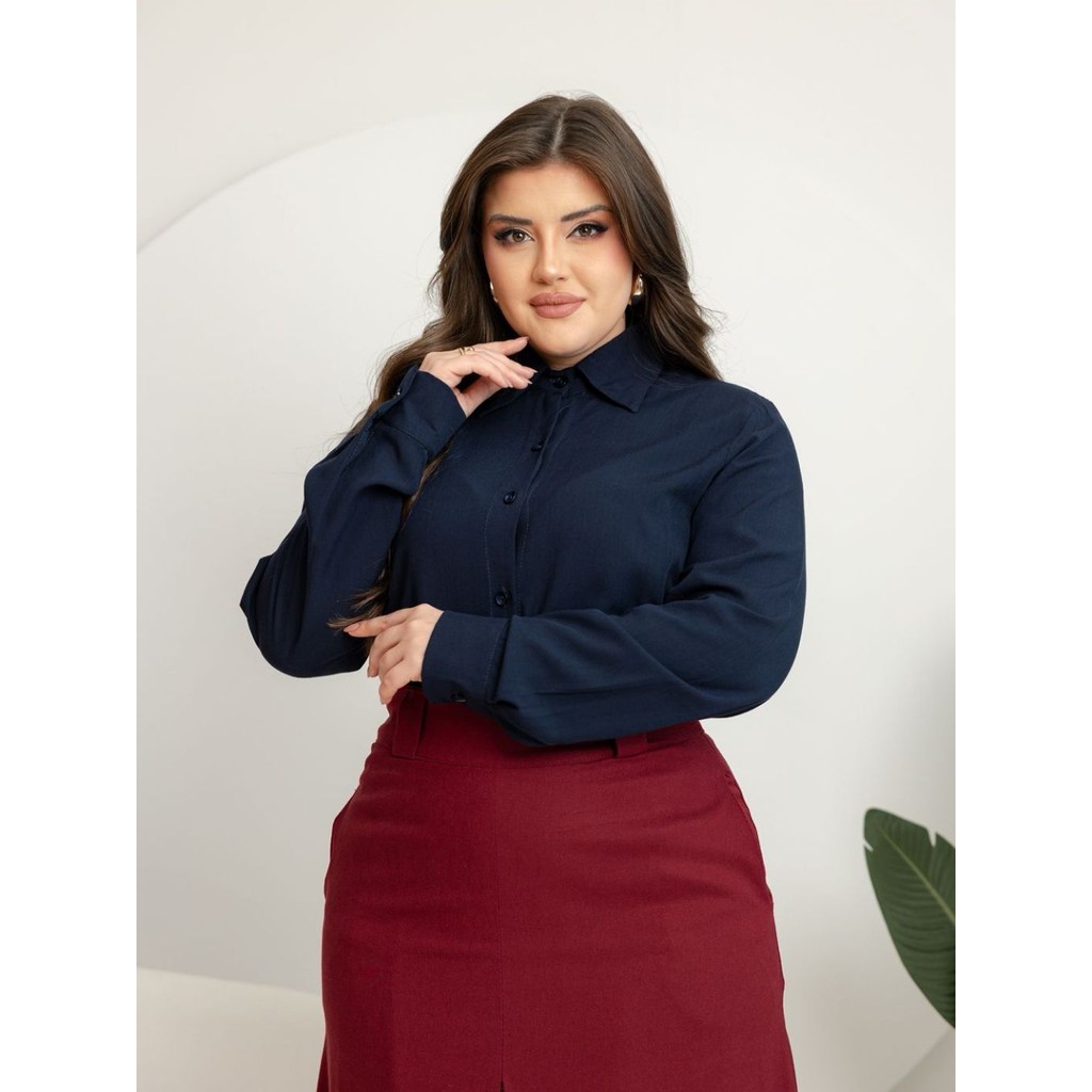 Camisa Feminina Celeste Viscolinho Social Manga Longa Confortável e Sofisticada