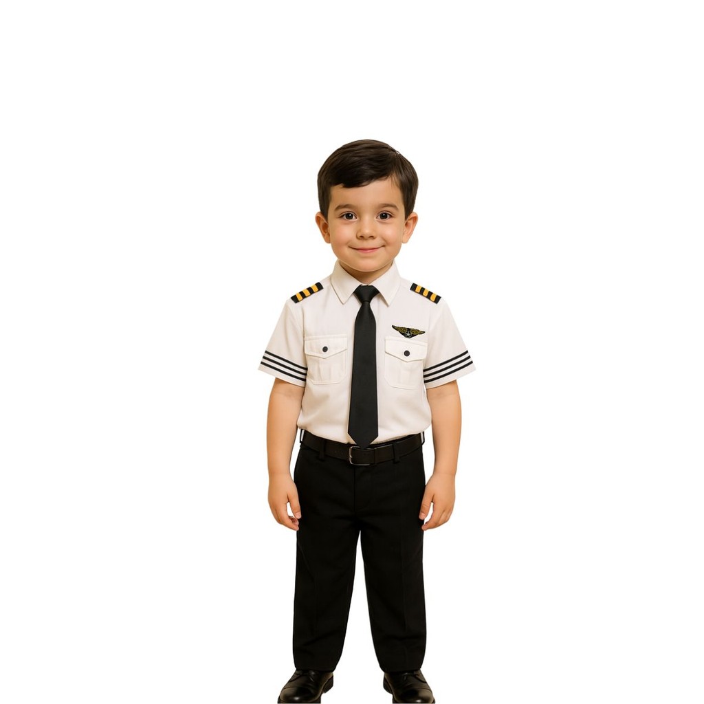 Fantasia Piloto de Avião Branca Infantil Camiseta Bordado Calça Gravata Luxo
