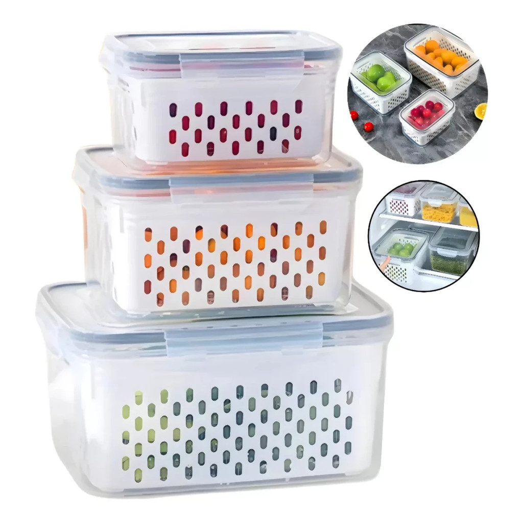 Kit 3 Organizador Geladeira Hermético 5L Alimentos Vegetais