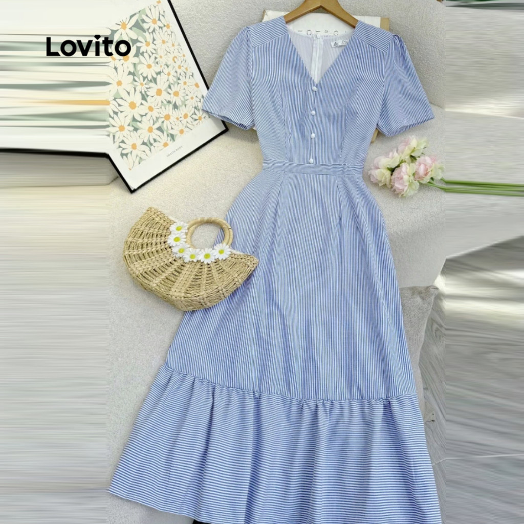 Detalhes do Lovito Vestido Casual Geométrico Primavera/verão para Mulheres L149ED167