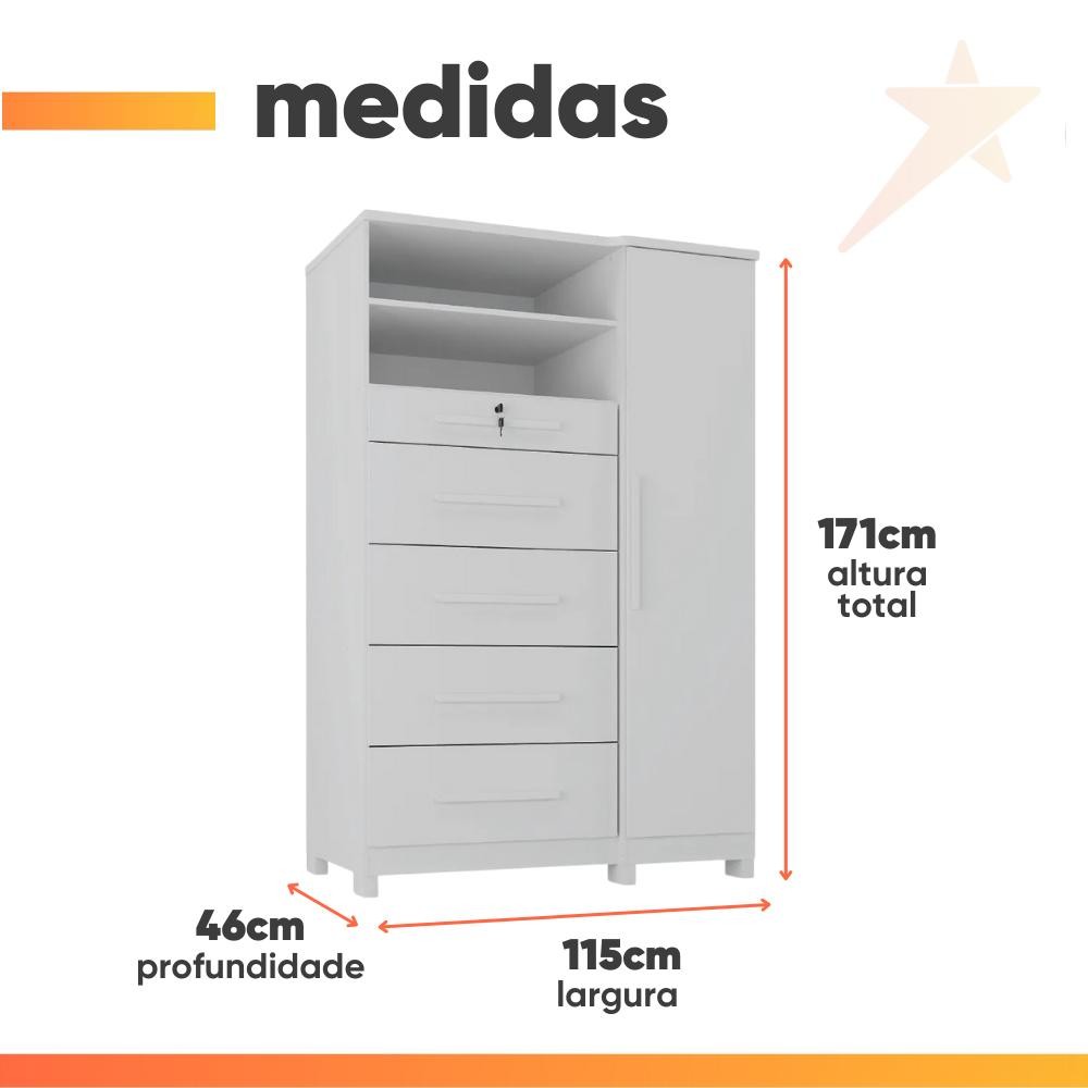 Detalhes do Cômoda com Sapateira e Cabideiro Multiuso 5 Gavetas 1 Porta Imperial Zanzini