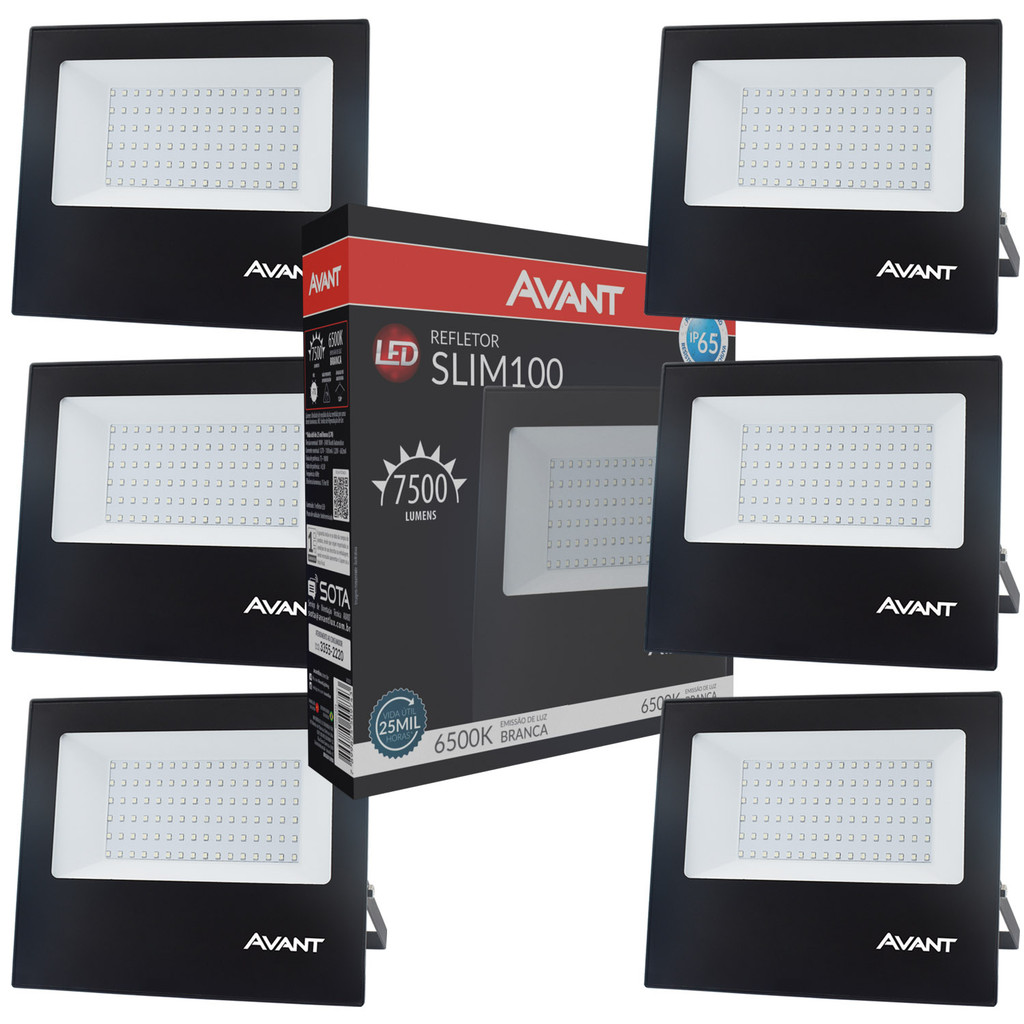 6 Refletor Led Slim 100w 6500K Bivolt Luz Externa Comércio