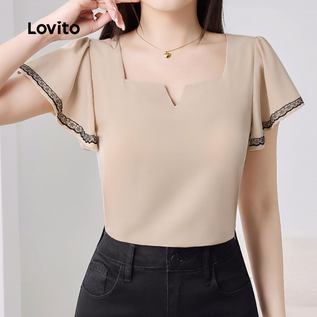 Detalhes do Lovito Blusa Elegante Colorblock Bege para Mulheres L150AD1026