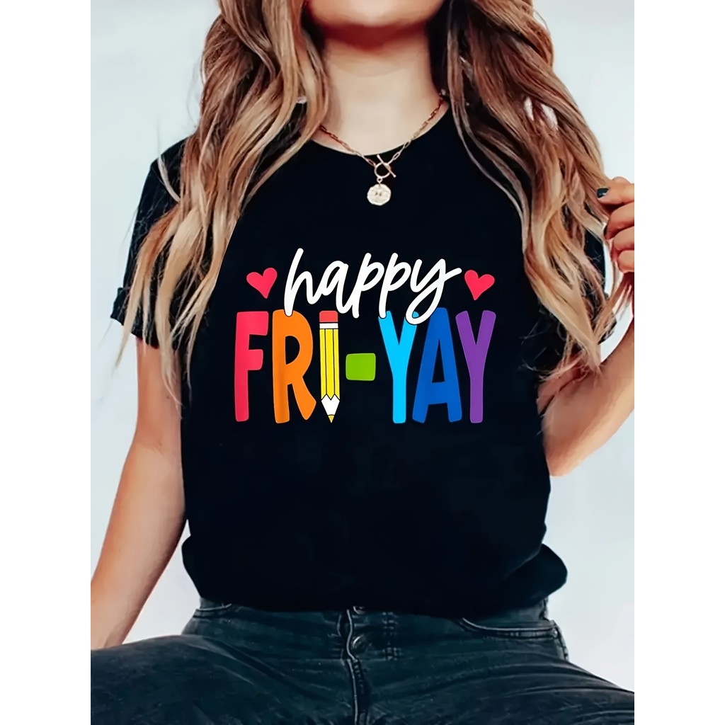 Bonito Camiseta Feminina Happy Fri-Yay Com Estampa De Coração E Lápis Colorida, Camiseta De Algodão Confortável E Casual