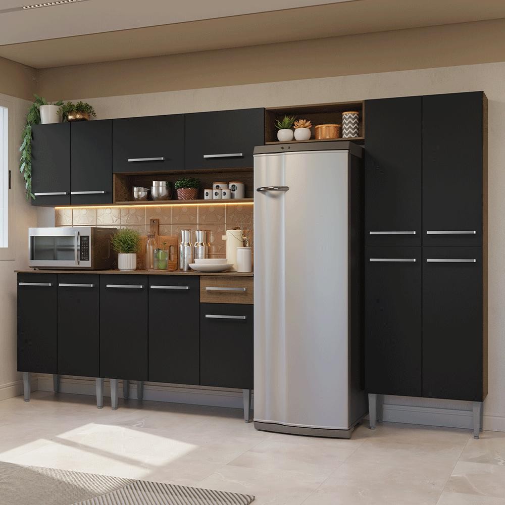 Armário de Cozinha Completa 293cm Rustic/Preto Emilly Madesa 011 em Oferta na Shopee