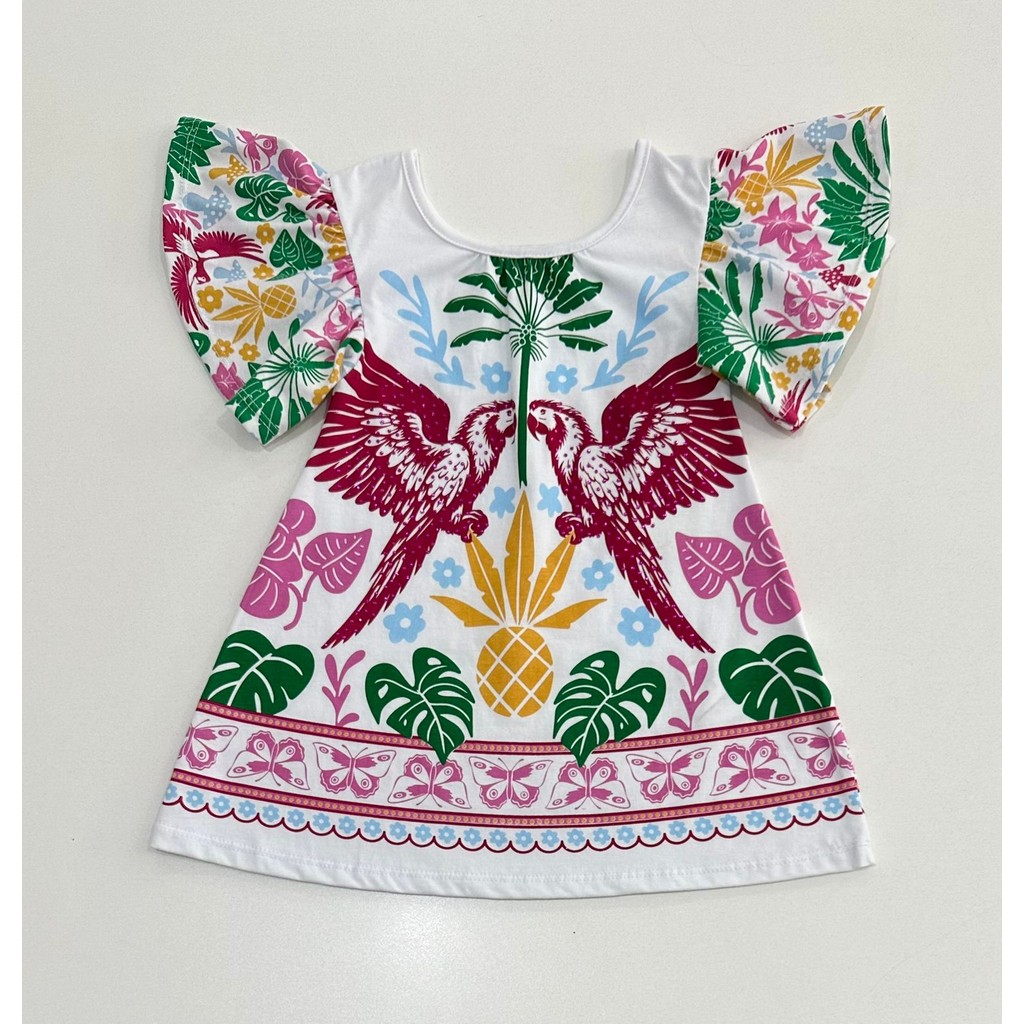 Vestido Infantil Nanai Branco Estampa Tropical com Araras e Borboletas