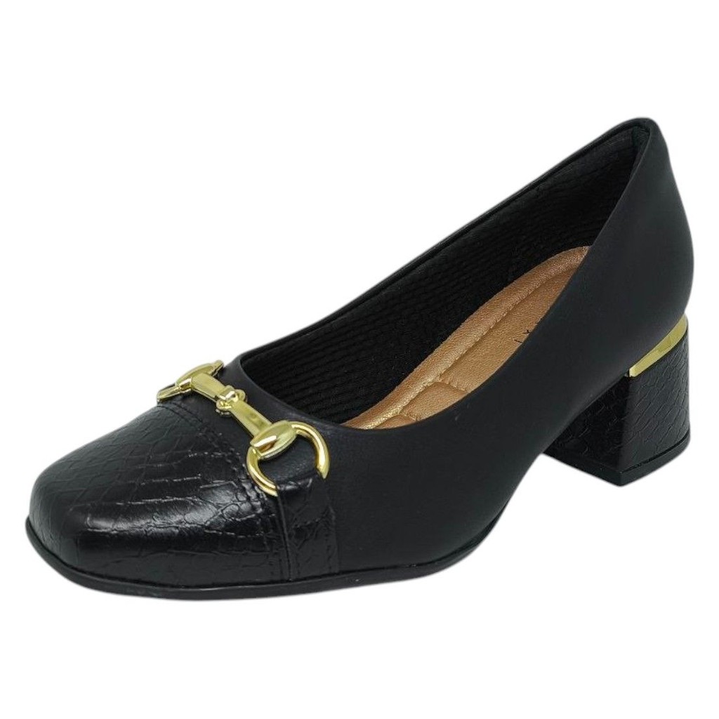 Sapato Salto Bloco Conforto com Detalhe Dourado Piccadilly
