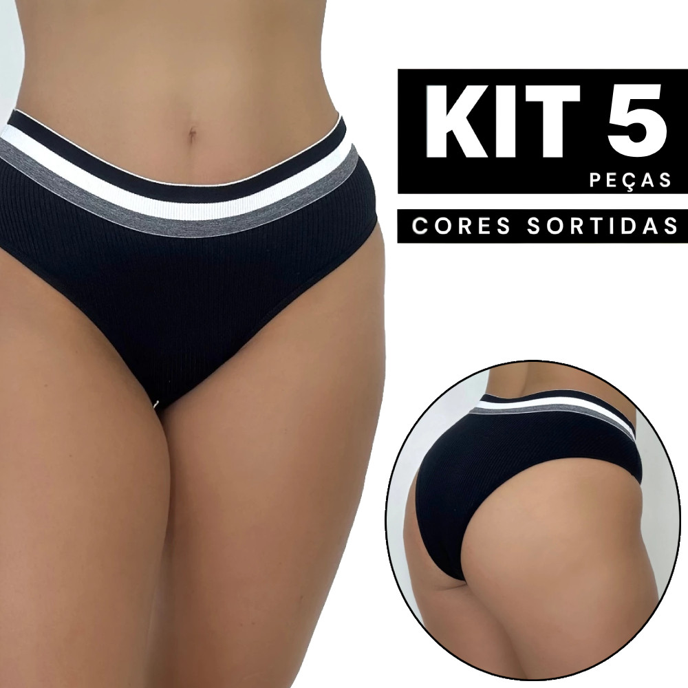 Kit 5/4/3/2/1 Calcinha Canelada Com Cós Algodão Conforto Lingerie Fitness Academia Não Marca Barata