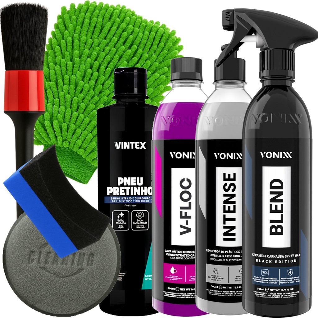 Kit Completo Estética Blend Spray Black Intense V-Floc e Pneu Pretinho Luva Tentáculos Pincel Aplicador Karbox