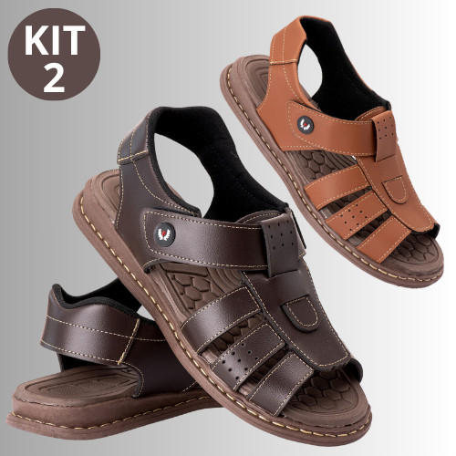 Kit 2 Pares de Sandalias Masculina de Couro Legitimo Sola Anatômica Confortável Anti-Stress em Oferta na Shopee