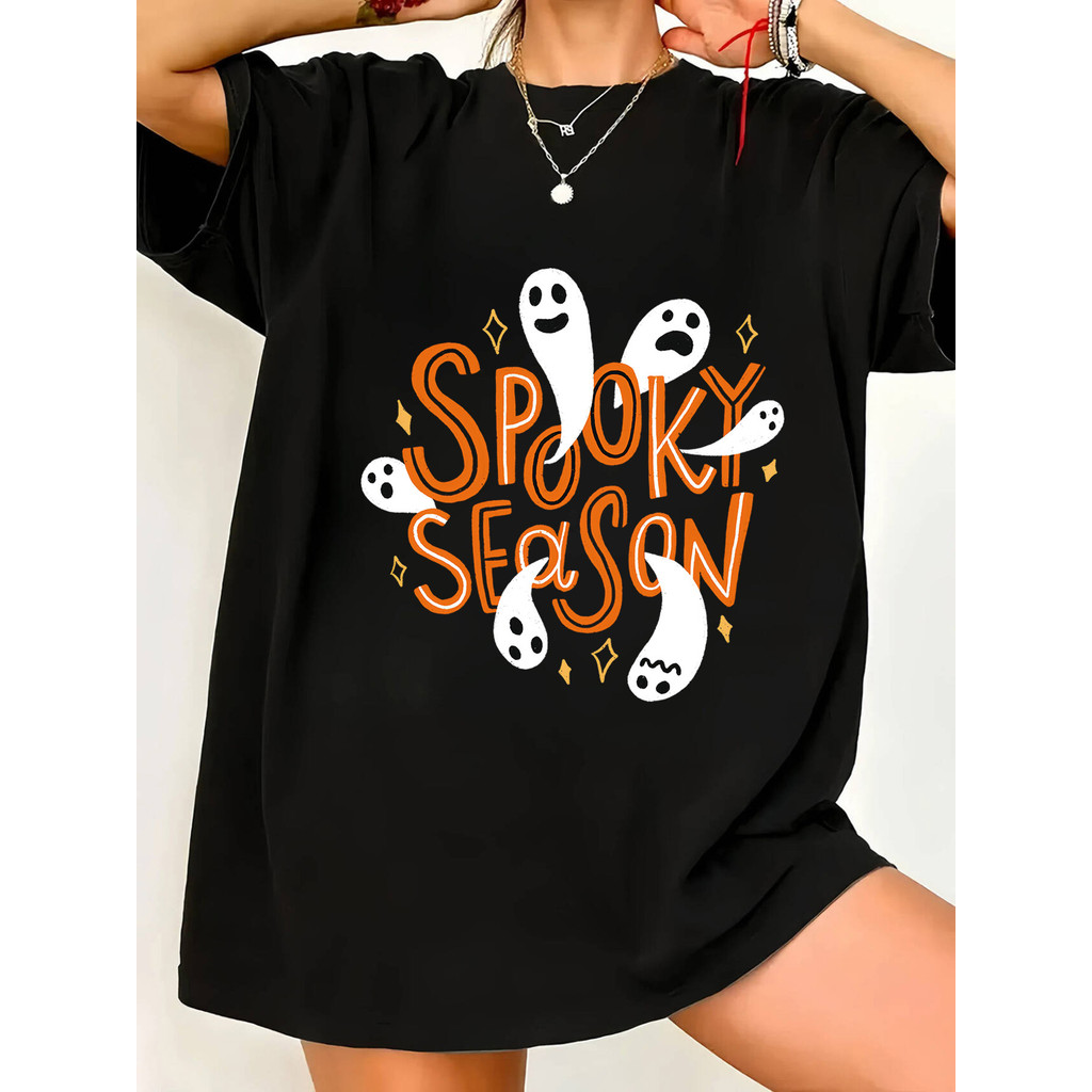 Camiseta Unissex Masculina e Feminina Plus Size Spooky Season Fantasma Abóbora Halloween Outono Manga Curta 100% Algodão