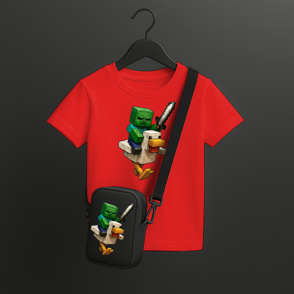 Kit Temático Minecraft para Crianças – Camiseta Confortável + Bolsa Personagem Gamer