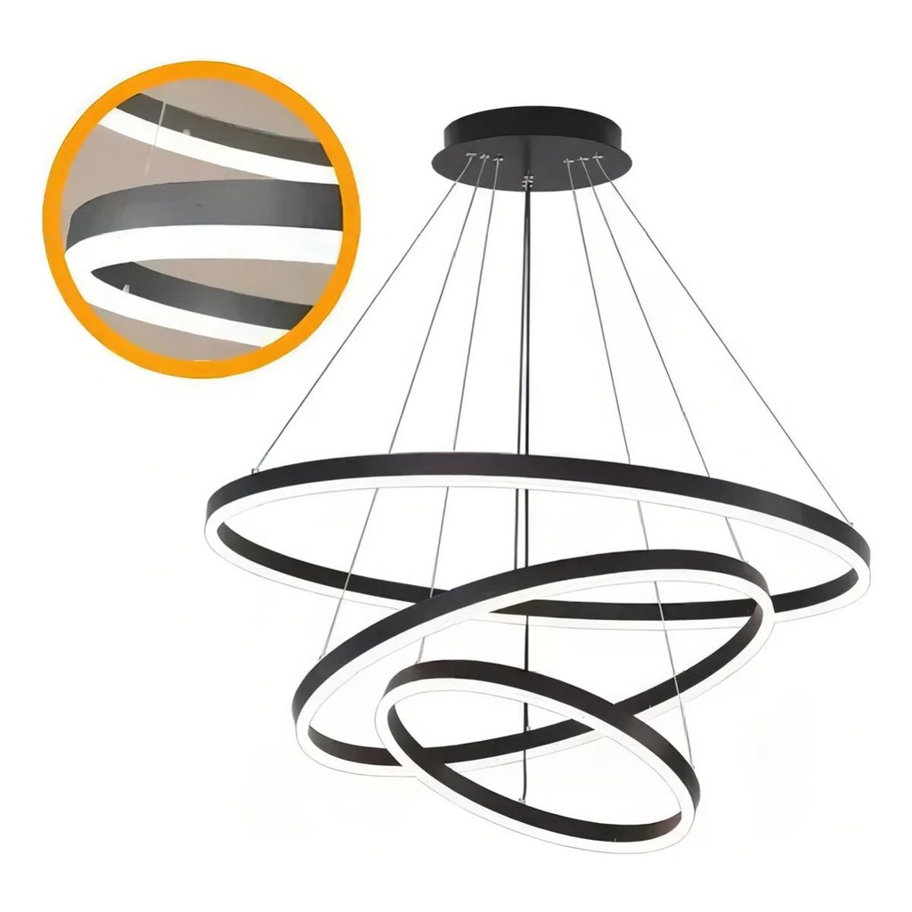 Lustre LED Pendente 3 Aros Preto 40/60/80cm Design Moderno e Sofisticado