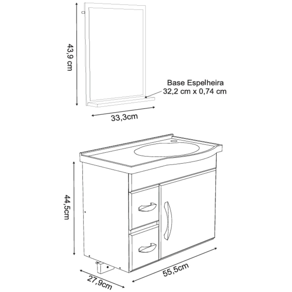 Armário de banheiro Suspenso com pia e Espelho 55,4cm Siena A. J. Rorato