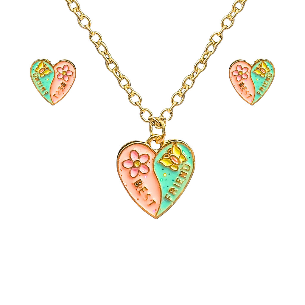Conjunto de colar e Brincos infantil de Coração Best Friends - Lindo presente para Criança