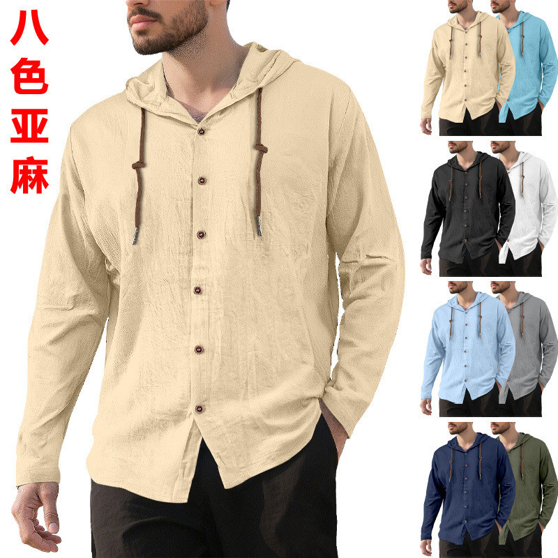Nova primavera verão masculino com capuz camiseta cor sólida algodão linho Casual manga comprida topo xx10.4