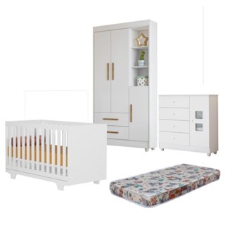 Quarto de Bebê com Berço Mini Cama, Cômoda 1 Porta 4 Gavetas e Roupeiro Flocos 3 Portas 2 Gavetas em Oferta na Shopee