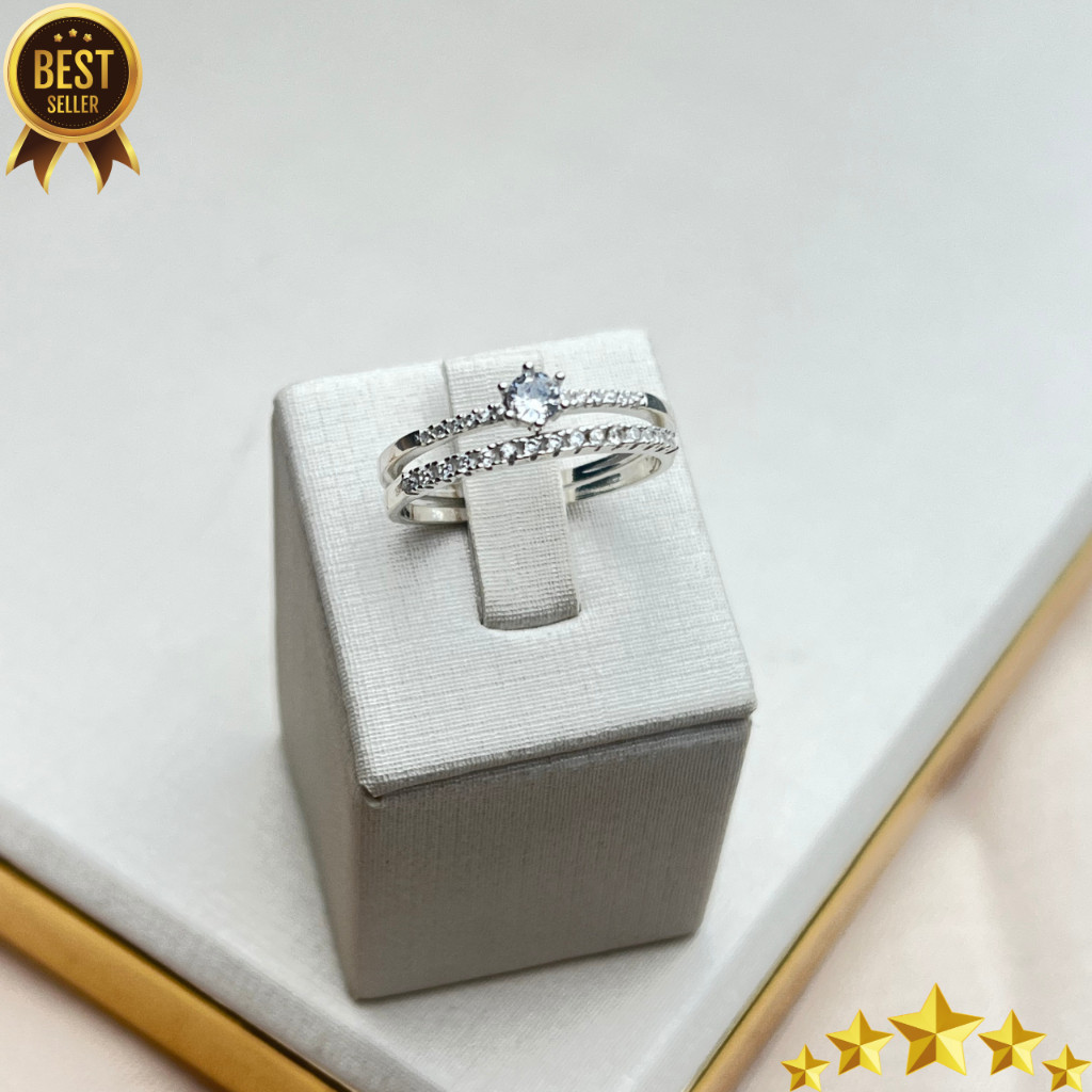 Kit com Dois Anéis Anel Solitário e Anel Aparador de Aliança Cravejado Prata Legitima 925 Anel Feminino em Oferta na Shopee
