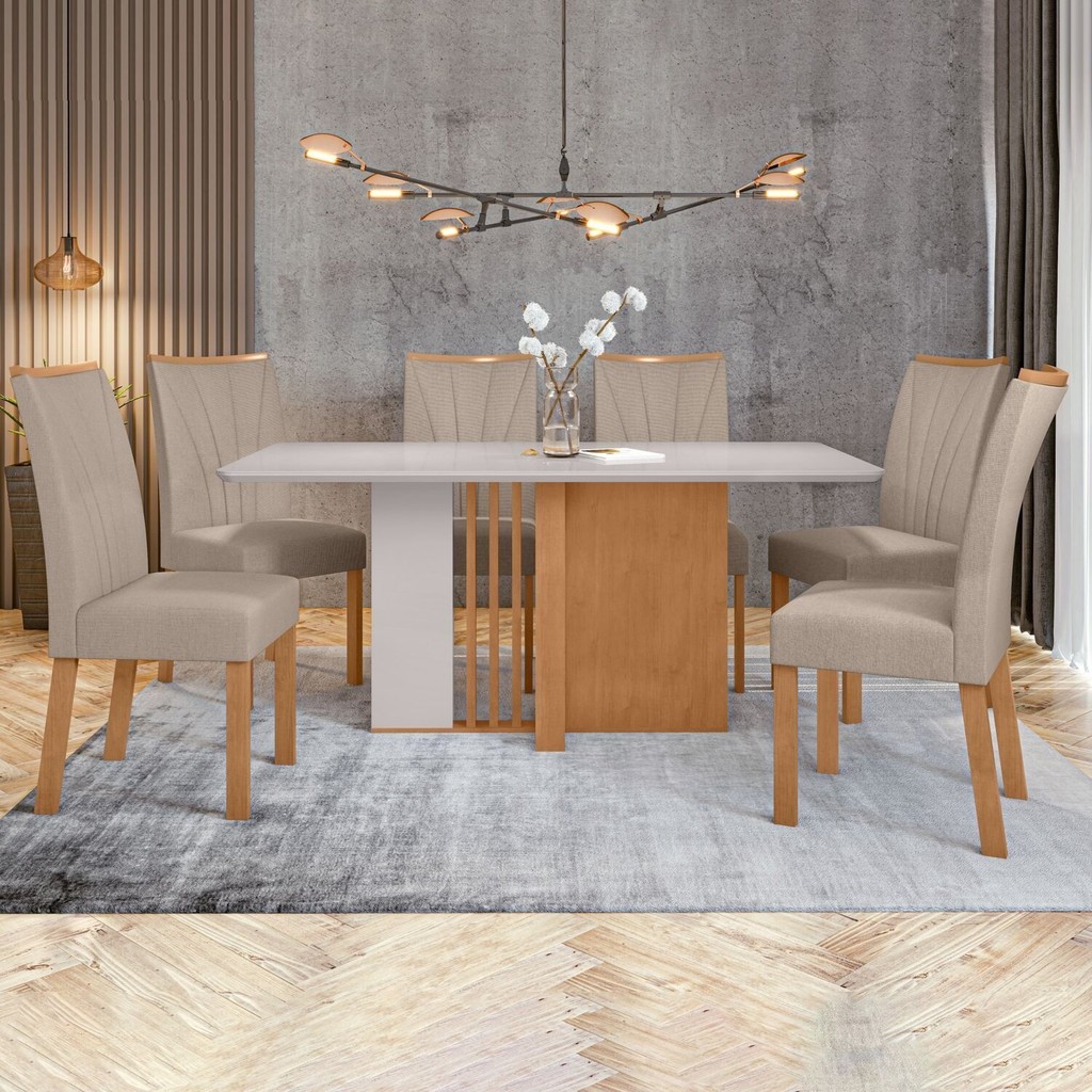 Conjunto Sala de Jantar 6 Lugares Retangular Tampo Vidro/MDF Mesa Astrid com Cadeiras Apogeu Amêndoa Clean/Off