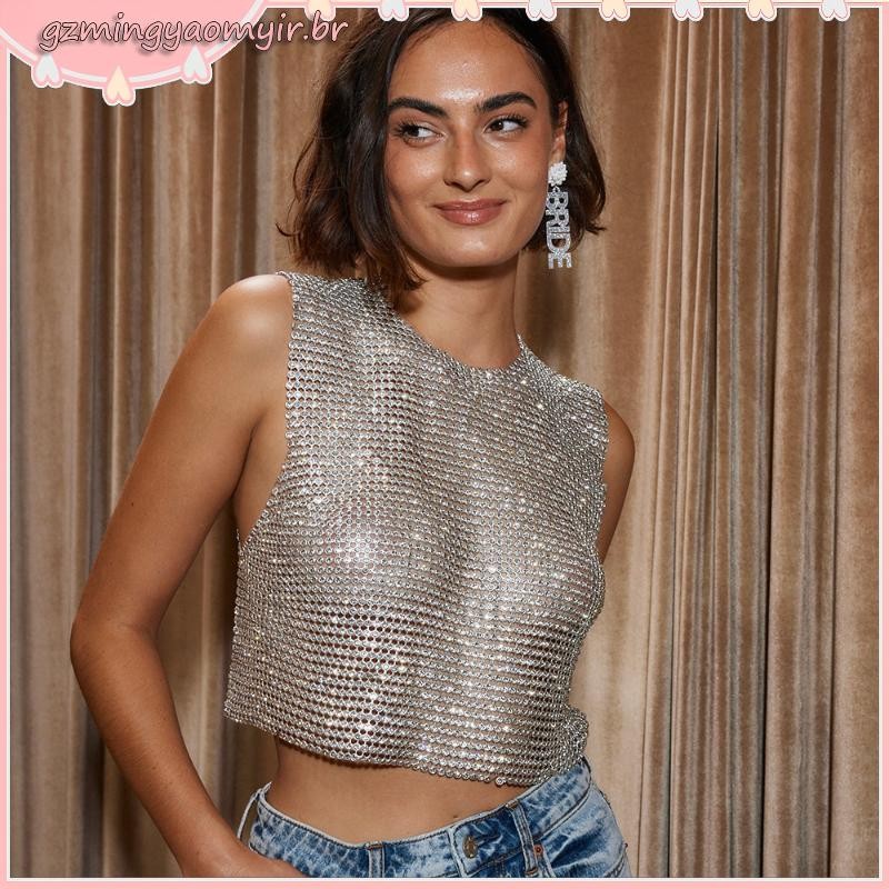 Wil Regatas Femininas Malha , Joia Corporal , Mangas , Crop , Roupa Balada