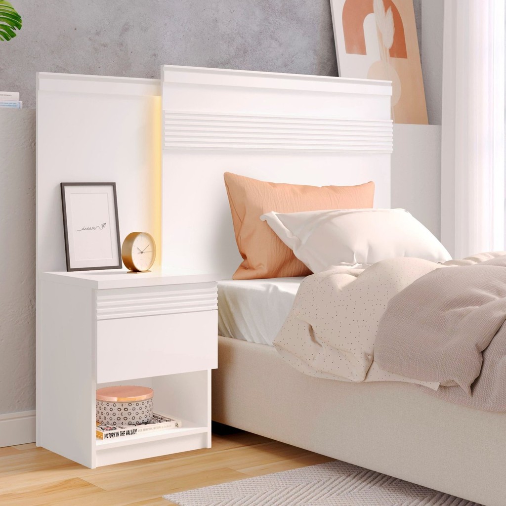 Cabeceira para Cama de Solteiro com Mesa de Cabeceira 100% MDF Granada Branco