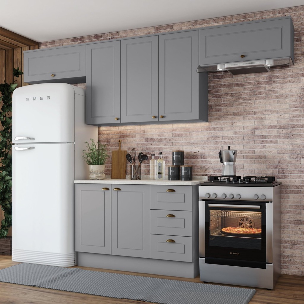 Cozinha Compacta 4 Peças com Duplo Aéreo Emily Cinza/Calcare em Oferta na Shopee