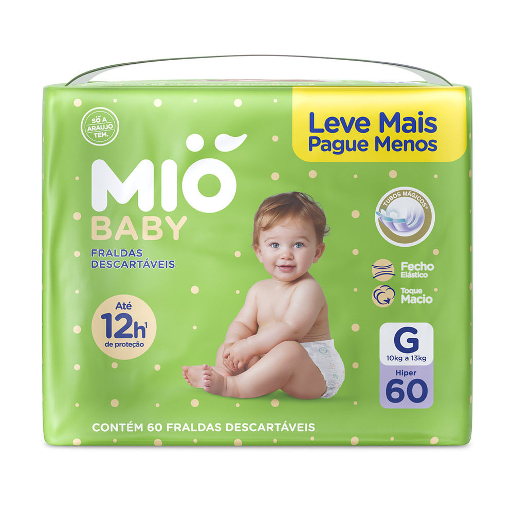 Fralda Mió Baby Tamanho G Hiper 60 Unidades Descartáveis em Oferta na Shopee