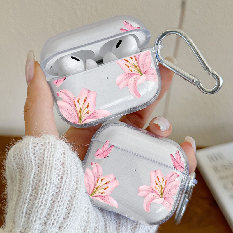 Capa De Fone De Ouvido Para AirPods 4 3 1/2 Rosa Lírio Flor Borboleta Caso Com Chaveiro Pro3 Pro2 Pro