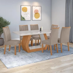 Conjunto Sala de Jantar Mesa Easy Tower 170x90cm MDF/Vidro com 6 Cad Confort Suede Bege Amendoa/off