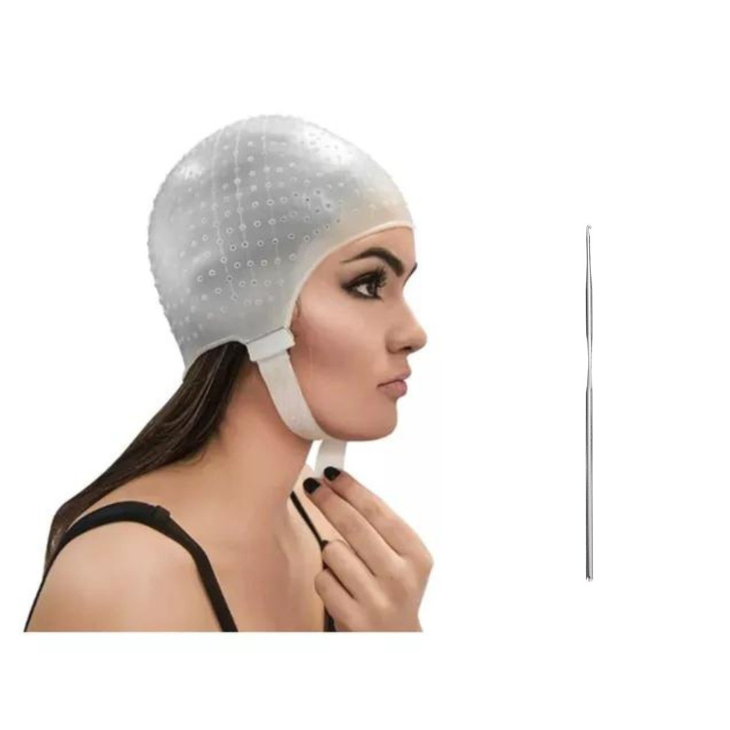 Kit Tintura C/ Touca Silicone + Agulha para Mechas e Luzes Descoloração Pintar Cabelo