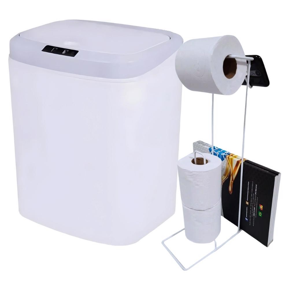 Lixeira Automática 16 Litros USB KALA com Suporte para Papel Higiênico 3 Rolos EVALD