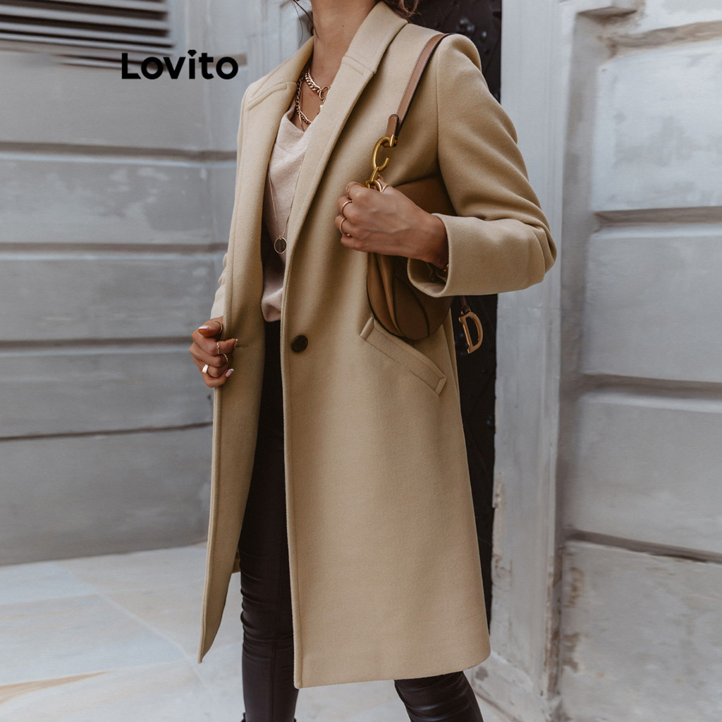 Lovito Casaco Casual Com Bolsos Lisos E Manga Comprida Com Frente Aberta Para Mulheres LNX07219 (Tan/Preto) em Oferta na Shopee