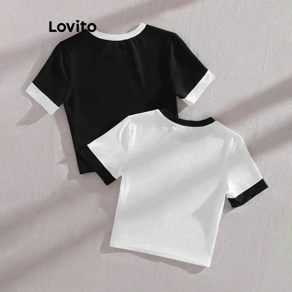 Detalhes do Lovito Camiseta Esportiva Lisa Com Encadernação Contrastante Para Mulheres L86ED098