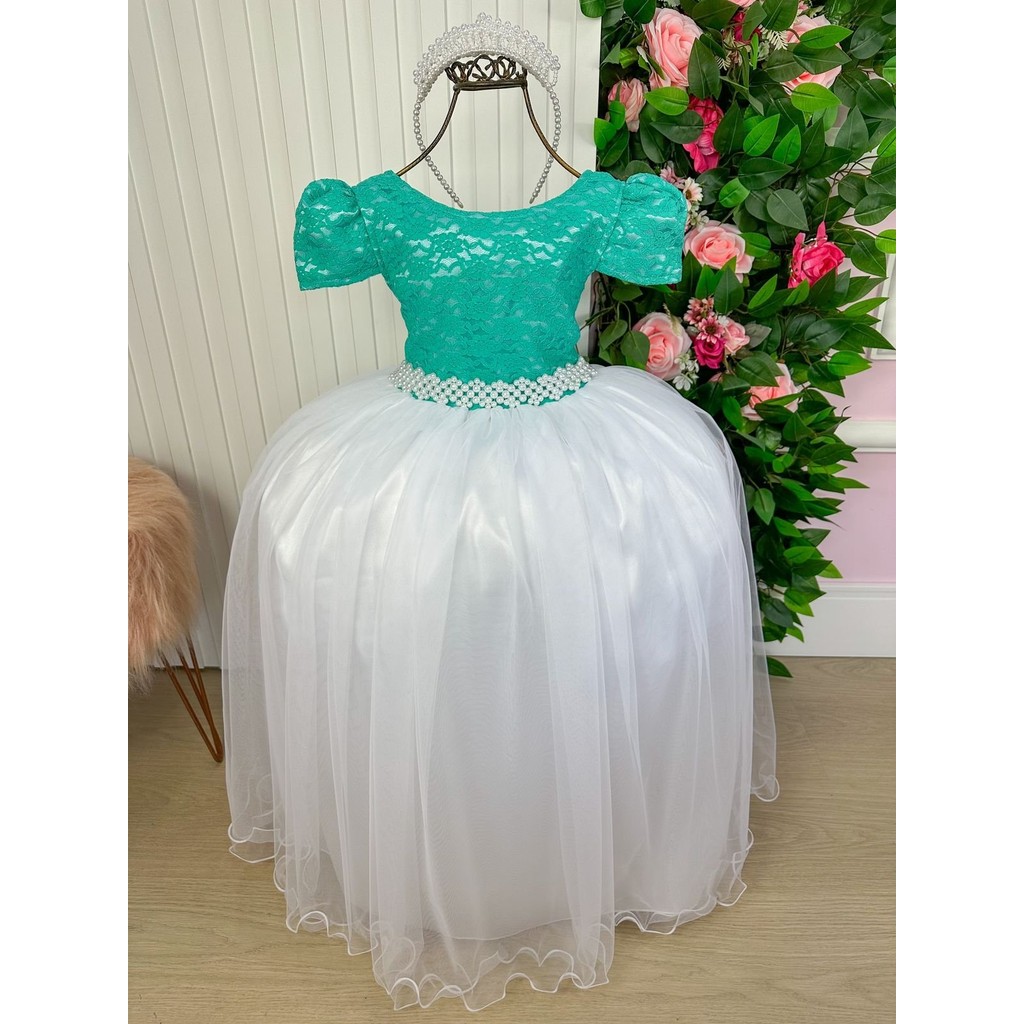 Vestido Infantil Longo Mari Peito Verde Azul Tifany Tiffany Saia Branca Festa Aniversário Casamento