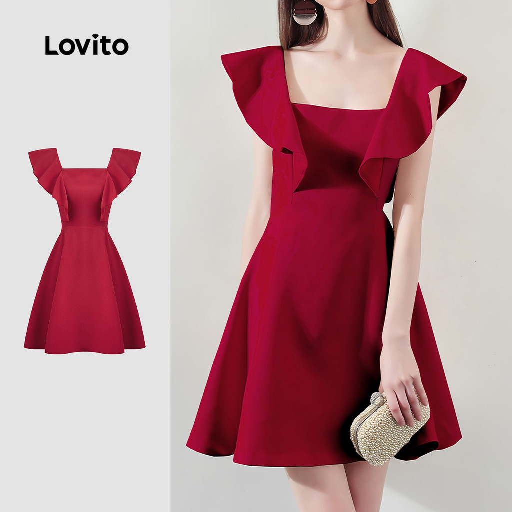 Lovito Vestido Casual de Malha com Renda Primavera/verão Vermelho para Mulheres L154ED451 em Oferta na Shopee