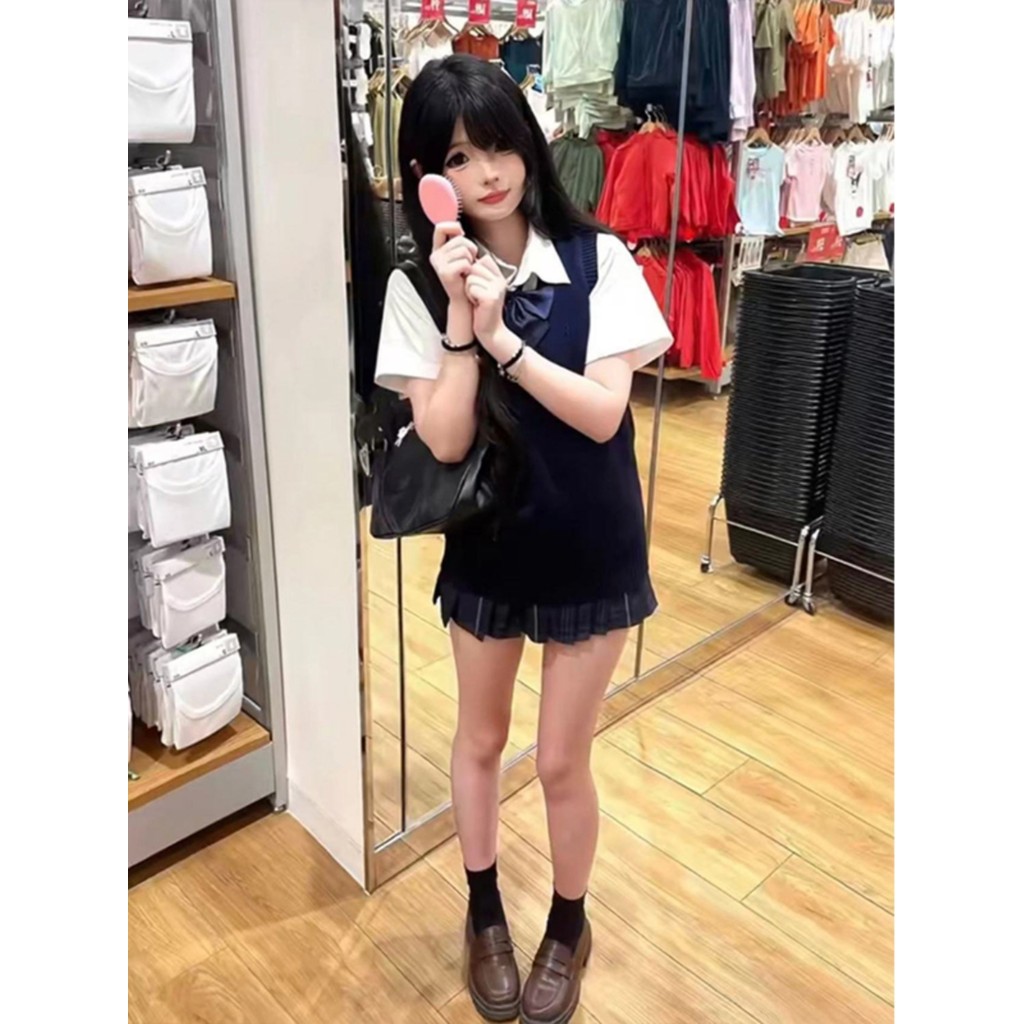 Japonês quadrinhos linda menina jk uniforme malhas colete terno Original saia plissada cinza azul saia xadrez camisa est
