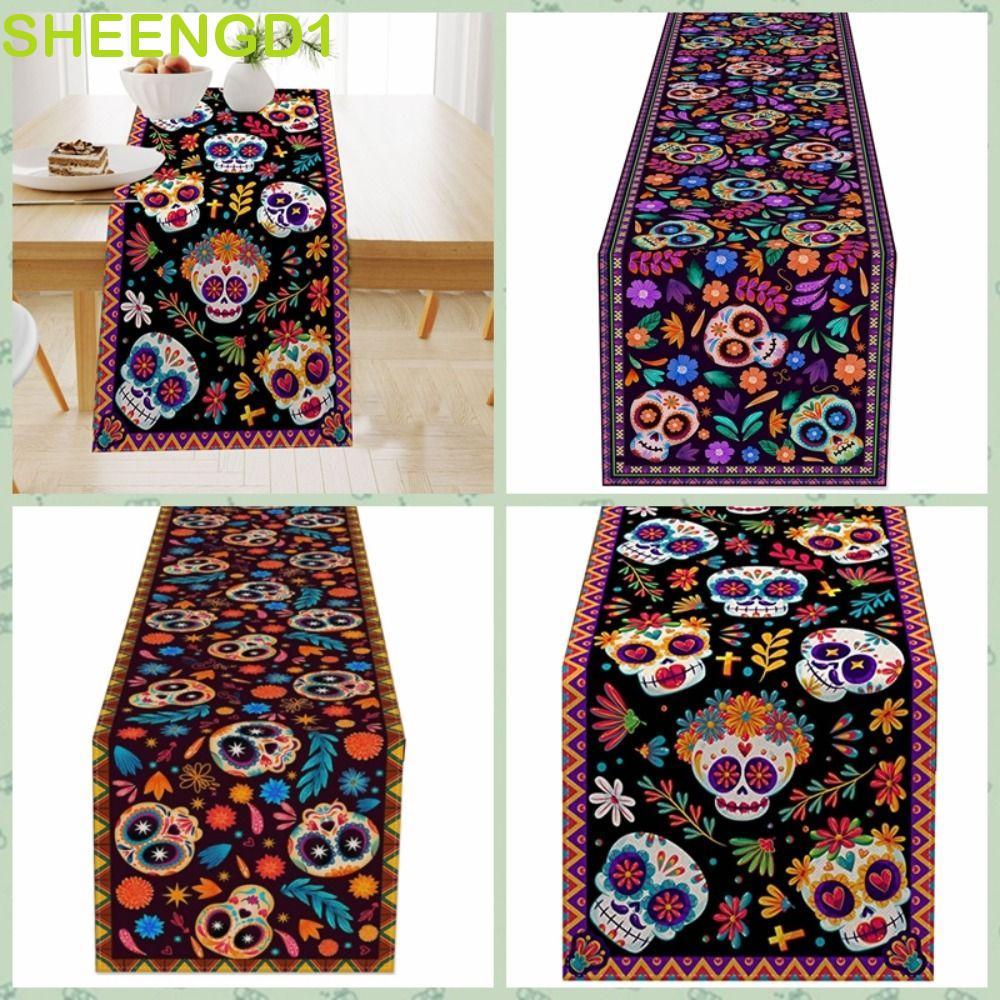 SHEENGD1 Corredor De Mesa De Caveira , Capa Linho Esqueleto , Toalha Retangular Estilo Mexicano Para Decoração De Festa