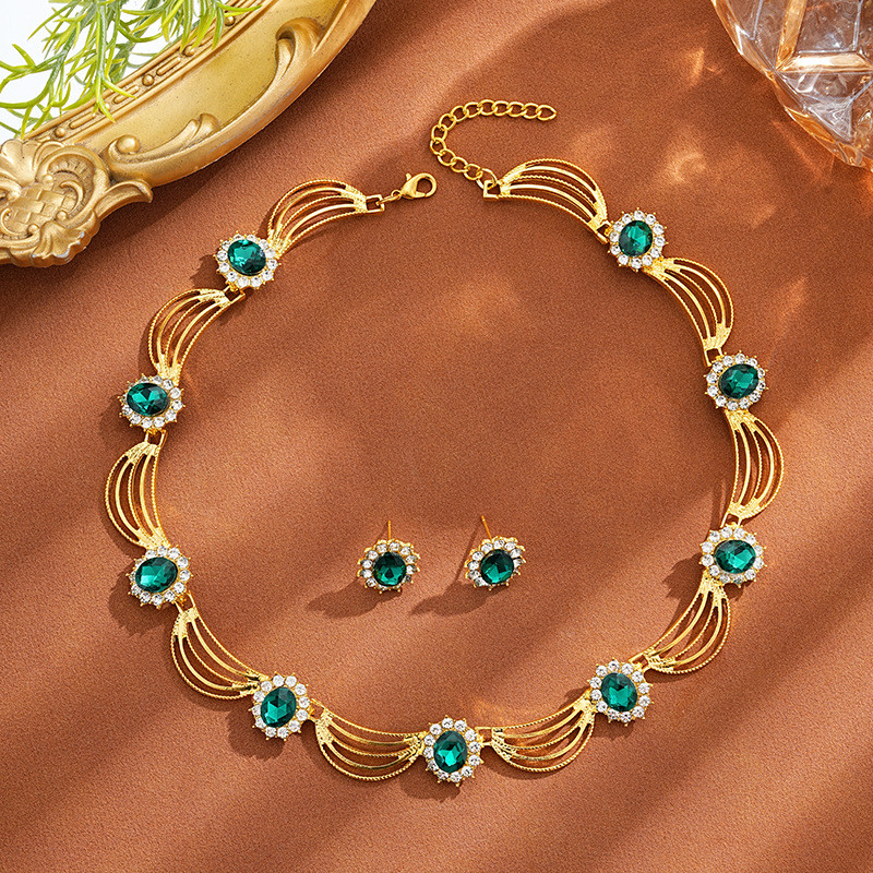 Colar de noiva, braços de orelhas, colar de cristal esmeralda, acessórios de casamento, design de moda