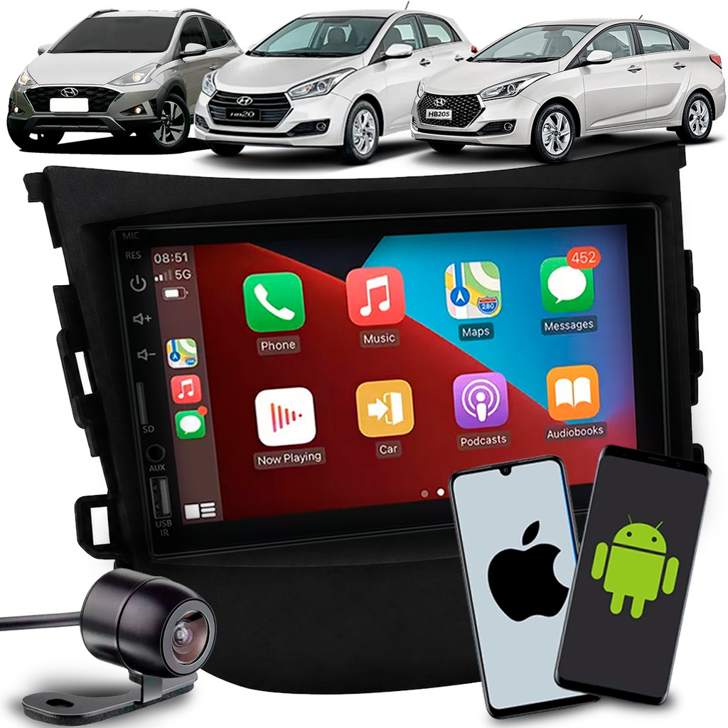 Central Multimídia Hb20 Hb20S Hb20X 2012 até 2018 7 Polegadas Carplay Android Auto Espelhamento Celular + Câmera Ré