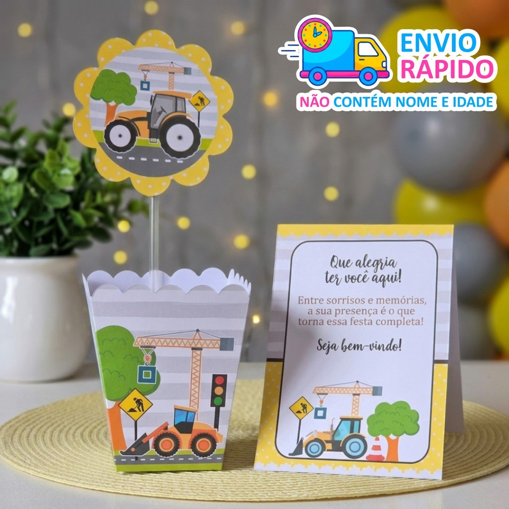 Centros de mesa + Plaquinhas Trator Construtor - PEGUE E MONTE - PRONTA ENTREGA Lembrancinhas decoração personalizados