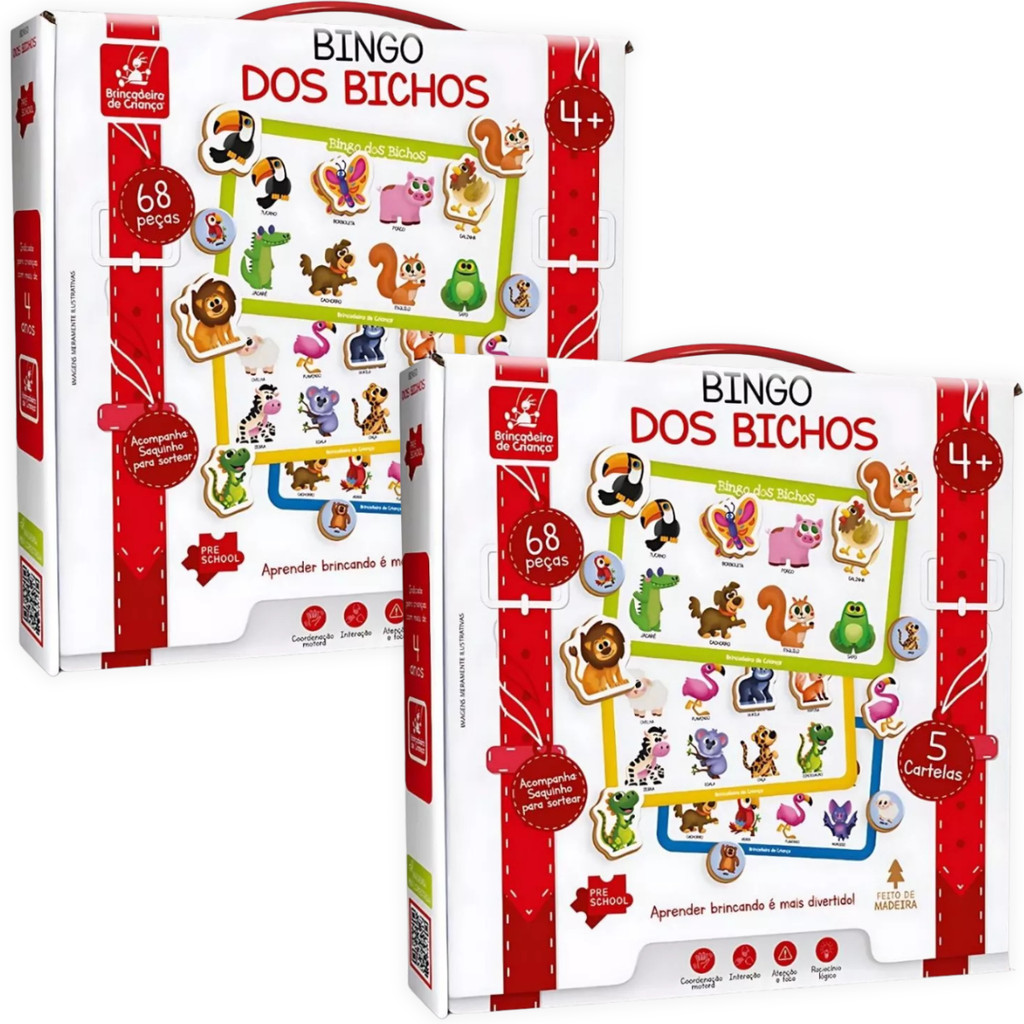 Kit 2 Jogo Educativo Infantil Bingo Dos Bichos Animais Brinquedo Em Madeira - Brincadeira De Criança