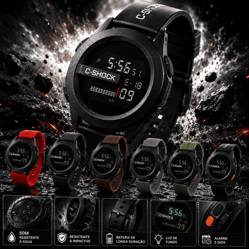 Relógio Digital Masculino C-SHOCK Esportivo Prova D'água Multifuncional Cronômetro Alarme Luz LED Militar