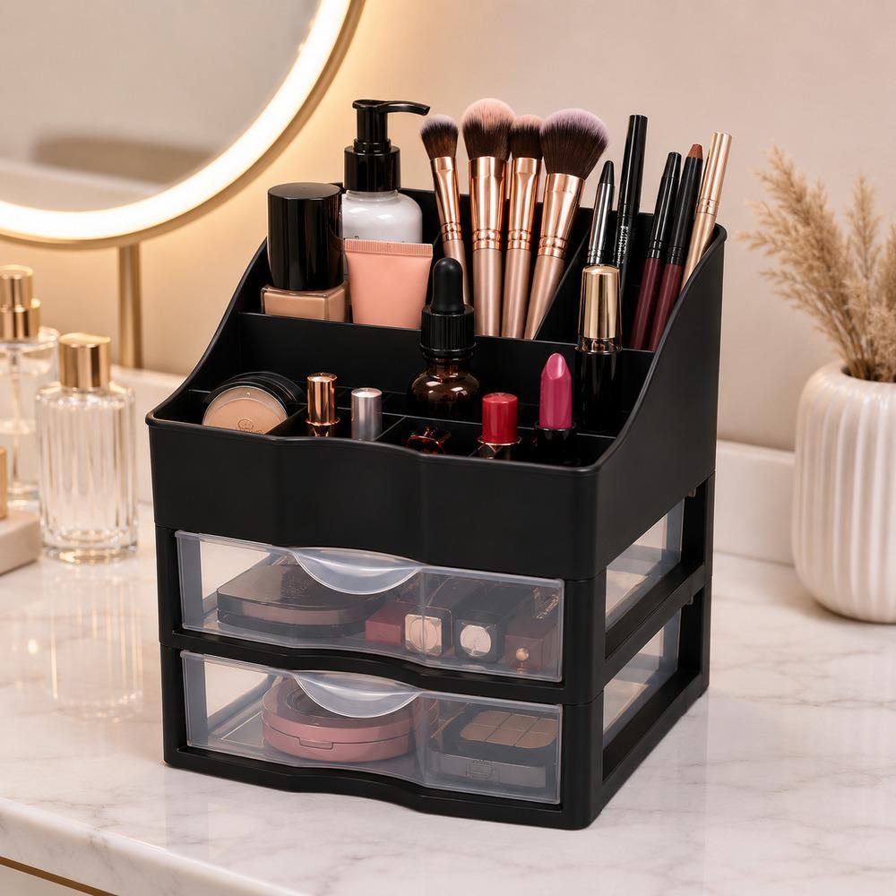 ORGANIZADOR COSMETICOS GAVETEIRO DUPLO PORTA MAQUIAGEM ACESSORIOS 2 GAVETAS ANDARES ESTANTE MULTIUSO MESA BANCADA BANHEI